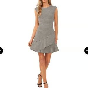 Halogen Black & White Houndstooth Check Ponte Knit Ruffle Hem Dress